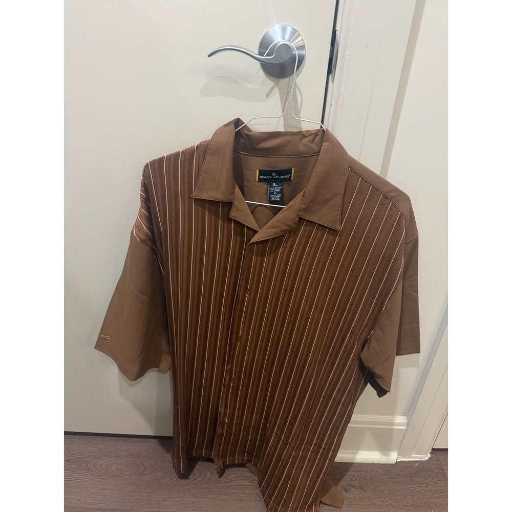 Stacy Adams Mens Brown Short Sleeve Pleated‎ Striped Button Down Shirt XL